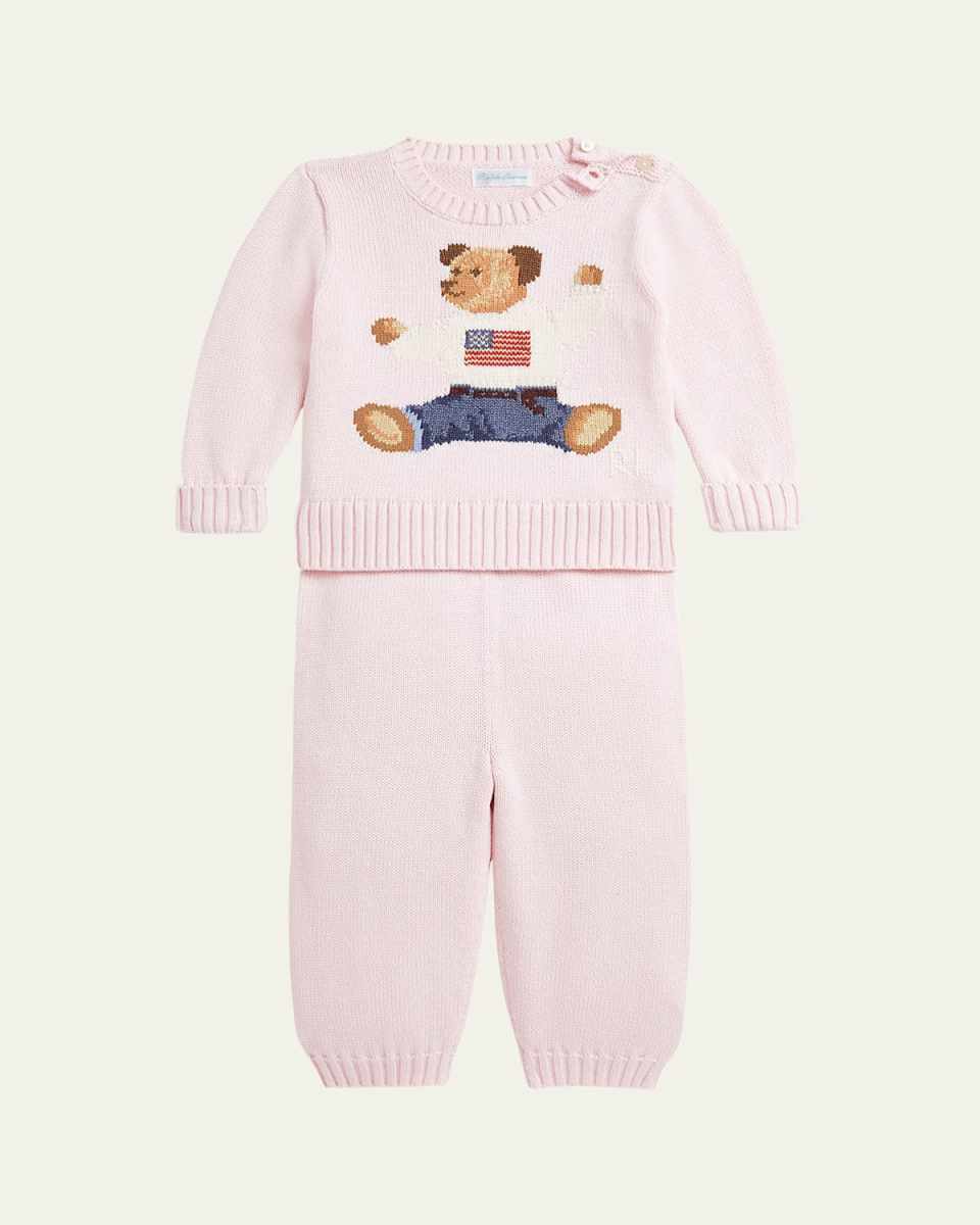 Girl's Flag Bear Intarsia Knit Sweater and Pants Set, Size 3